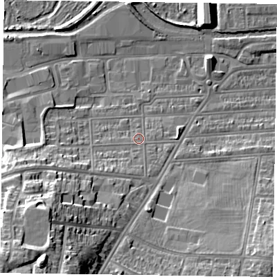 Shaded relief map of the ground around NN48HA, computed from Environment Agency LiDAR. The ground here sits at about 61 m above sea level and falls 28 m across the surrounding 800 m. Surface water reaching this point runs off ground lying to the south-west, 4.9 m higher.