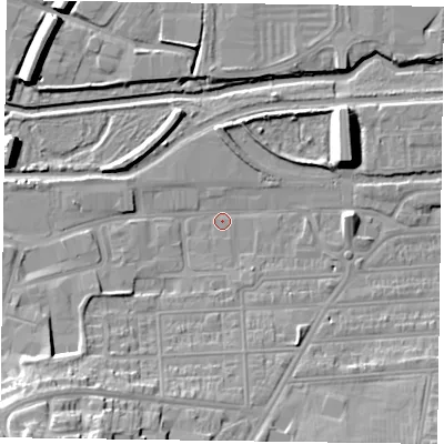 Shaded relief map of the ground around NN48HJ, computed from Environment Agency LiDAR. The ground here sits at about 59 m above sea level and falls 20 m across the surrounding 800 m. Surface water reaching this point runs off ground lying to the south-west, 14.4 m higher.