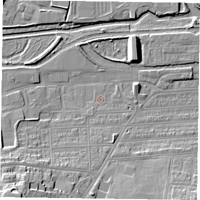 Shaded relief map of the ground around NN48HN, computed from Environment Agency LiDAR. The ground here sits at about 59 m above sea level and falls 23 m across the surrounding 800 m. Surface water reaching this point runs off ground lying to the south-west, 1.3 m higher.