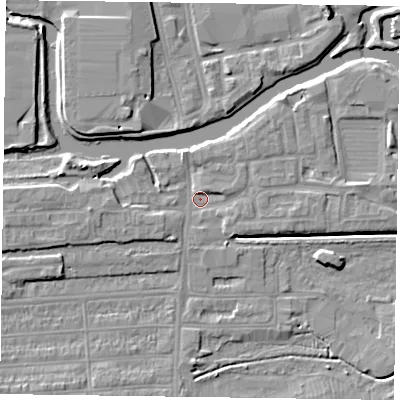 Shaded relief map of the ground around NN48HP, computed from Environment Agency LiDAR. The ground here sits at about 58 m above sea level and falls 7 m across the surrounding 800 m. Surface water reaching this point runs off ground lying to the east-south-east, 2.5 m higher.
