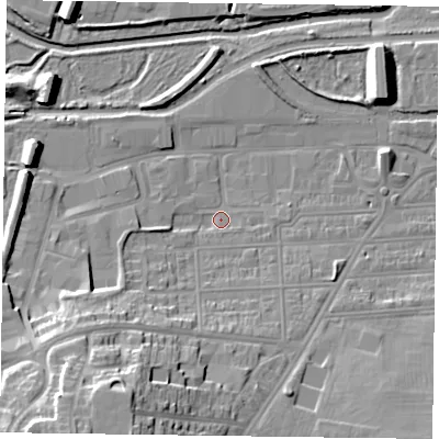 Shaded relief map of the ground around NN48HQ, computed from Environment Agency LiDAR. The ground here sits at about 60 m above sea level and falls 25 m across the surrounding 800 m. Surface water reaching this point runs off ground lying to the south-west, 13.7 m higher.