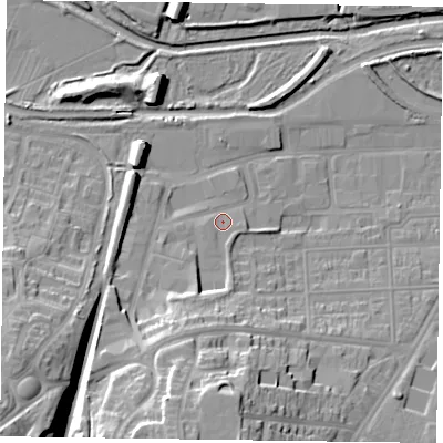 Shaded relief map of the ground around NN48JD, computed from Environment Agency LiDAR. The ground here sits at about 62 m above sea level and falls 29 m across the surrounding 800 m. Surface water reaching this point runs off ground lying to the south-south-west, 11.9 m higher.