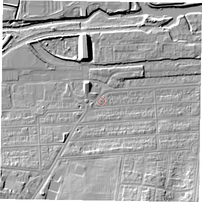 Shaded relief map of the ground around NN48LA, computed from Environment Agency LiDAR. The ground here sits at about 59 m above sea level and falls 14 m across the surrounding 800 m. Surface water reaching this point runs off ground lying to the south-west, 12.8 m higher.