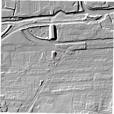 Shaded relief map of the ground around NN48LB, computed from Environment Agency LiDAR. The ground here sits at about 59 m above sea level and falls 14 m across the surrounding 800 m. Surface water reaching this point runs off ground lying to the west-north-west, 2.1 m higher.