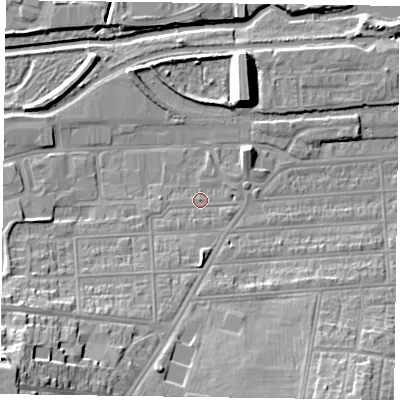 Shaded relief map of the ground around NN48LF, computed from Environment Agency LiDAR. The ground here sits at about 59 m above sea level and falls 24 m across the surrounding 800 m. Surface water reaching this point runs off ground lying to the south-west, 6.4 m higher.