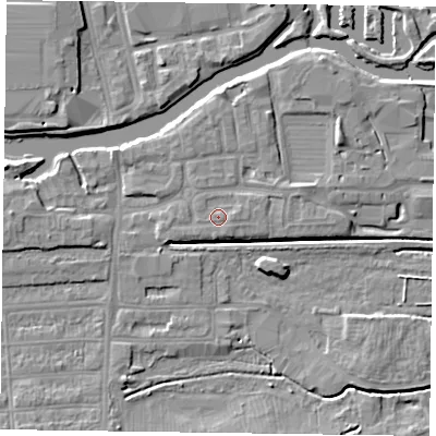 Shaded relief map of the ground around NN48RQ, computed from Environment Agency LiDAR. The ground here sits at about 60 m above sea level and falls 6 m across the surrounding 800 m. Surface water reaching this point runs off ground lying to the east, 0.9 m higher.