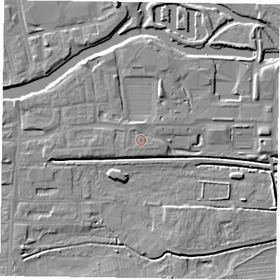 Shaded relief map of the ground around NN48RR, computed from Environment Agency LiDAR. The ground here sits at about 60 m above sea level and falls 6 m across the surrounding 800 m. Surface water reaching this point runs off ground lying to the north-north-west, 0.9 m higher.