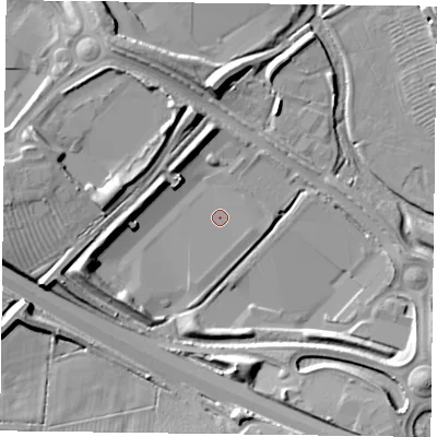Shaded relief map of the ground around NN49BD, computed from Environment Agency LiDAR. The ground here sits at about 65 m above sea level and falls 13 m across the surrounding 800 m. Surface water reaching this point runs off ground lying to the east-south-east, 1.1 m higher.