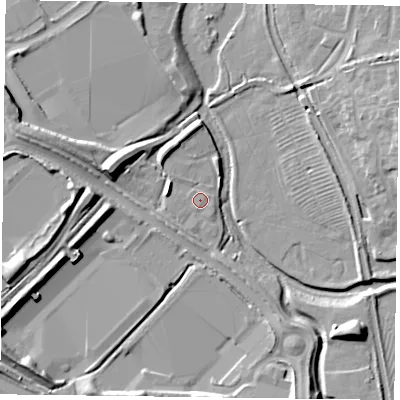 Shaded relief map of the ground around NN49BS, computed from Environment Agency LiDAR. The ground here sits at about 64 m above sea level and falls 12 m across the surrounding 800 m. Surface water reaching this point runs off ground lying to the west-north-west, 3.5 m higher.