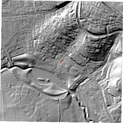 Shaded relief map of the ground around NN49DJ, computed from Environment Agency LiDAR. The ground here sits at about 68 m above sea level and falls 45 m across the surrounding 800 m. Surface water reaching this point runs off ground lying to the north-east, 38.7 m higher.