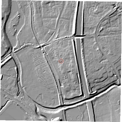 Shaded relief map of the ground around NN49DP, computed from Environment Agency LiDAR. The ground here sits at about 67 m above sea level and falls 13 m across the surrounding 800 m. Surface water reaching this point runs off ground lying to the east-south-east, 2.3 m higher.