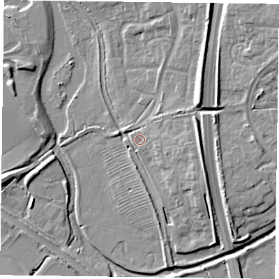Shaded relief map of the ground around NN49DU, computed from Environment Agency LiDAR. The ground here sits at about 65 m above sea level and falls 12 m across the surrounding 800 m. Surface water reaching this point runs off ground lying to the east-south-east, 4.5 m higher.