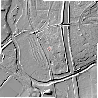 Shaded relief map of the ground around NN49DW, computed from Environment Agency LiDAR. The ground here sits at about 66 m above sea level and falls 13 m across the surrounding 800 m. Surface water reaching this point runs off ground lying to the east, 2.4 m higher.