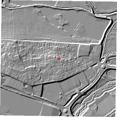 Shaded relief map of the ground around NN49EH, computed from Environment Agency LiDAR. The ground here sits at about 69 m above sea level and falls 12 m across the surrounding 800 m. Surface water reaching this point runs off ground lying to the west-south-west, 1.8 m higher.
