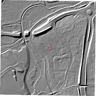 Shaded relief map of the ground around NN49QA, computed from Environment Agency LiDAR. The ground here sits at about 65 m above sea level and falls 12 m across the surrounding 800 m. Surface water reaching this point runs off ground lying to the north, 1.9 m higher.