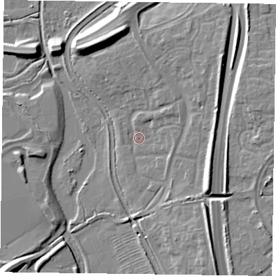 Shaded relief map of the ground around NN49QJ, computed from Environment Agency LiDAR. The ground here sits at about 64 m above sea level and falls 12 m across the surrounding 800 m. Surface water reaching this point runs off ground lying to the north-east, 3.4 m higher.