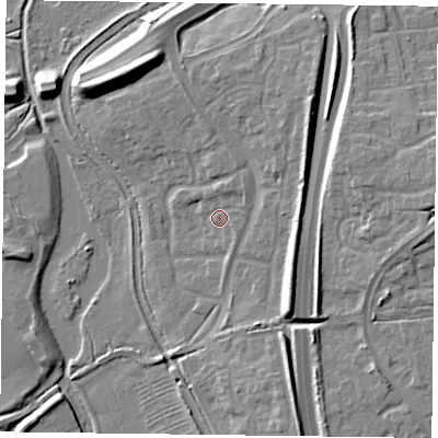Shaded relief map of the ground around NN49QN, computed from Environment Agency LiDAR. The ground here sits at about 65 m above sea level and falls 13 m across the surrounding 800 m. Surface water reaching this point runs off ground lying to the north-north-east, 2.6 m higher.