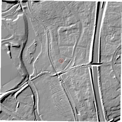 Shaded relief map of the ground around NN49QT, computed from Environment Agency LiDAR. The ground here sits at about 64 m above sea level and falls 12 m across the surrounding 800 m. Surface water reaching this point runs off ground lying to the east-north-east, 9.4 m higher.