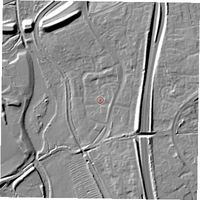 Shaded relief map of the ground around NN49QU, computed from Environment Agency LiDAR. The ground here sits at about 65 m above sea level and falls 13 m across the surrounding 800 m. Surface water reaching this point runs off ground lying to the east-north-east, 1.9 m higher.
