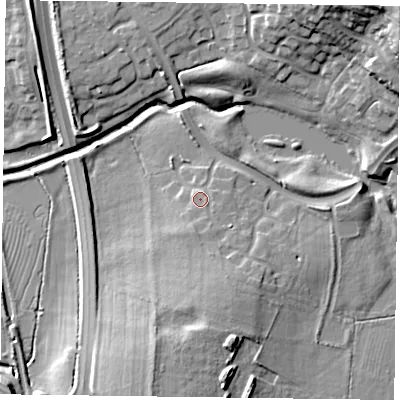 Shaded relief map of the ground around NN49XF, computed from Environment Agency LiDAR. The ground here sits at about 67 m above sea level and falls 21 m across the surrounding 800 m. Surface water reaching this point runs off ground lying to the south, 2.1 m higher.