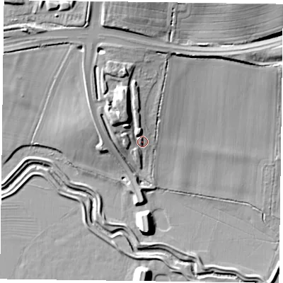 Shaded relief map of the ground around NN54HH, computed from Environment Agency LiDAR. The ground here sits at about 69 m above sea level and falls 30 m across the surrounding 800 m. Surface water reaching this point runs off ground lying to the north-north-west, 8.7 m higher.