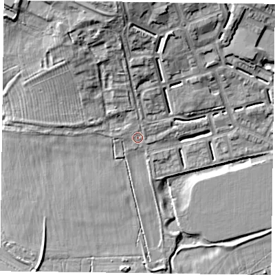 Shaded relief map of the ground around NN54UY, computed from Environment Agency LiDAR. The ground here sits at about 69 m above sea level and falls 23 m across the surrounding 800 m. Surface water reaching this point runs off ground lying to the north-north-west, 16.1 m higher.