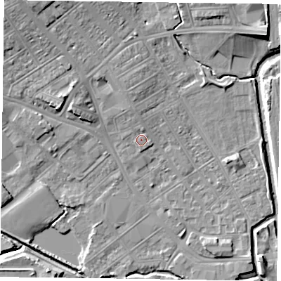 Shaded relief map of the ground around NN55AZ, computed from Environment Agency LiDAR. The ground here sits at about 61 m above sea level and falls 11 m across the surrounding 800 m. Surface water reaching this point runs off ground lying to the north, 1.4 m higher.