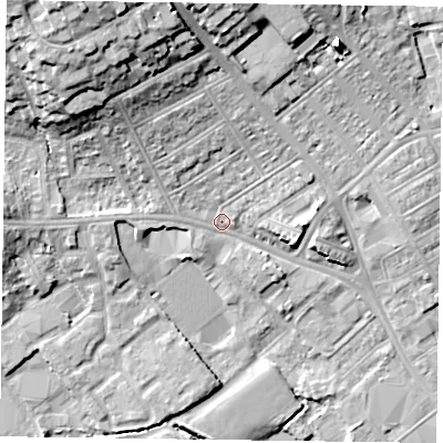Shaded relief map of the ground around NN55BG, computed from Environment Agency LiDAR. The ground here sits at about 63 m above sea level and falls 21 m across the surrounding 800 m. Surface water reaching this point runs off ground lying to the north-west, 16.2 m higher.