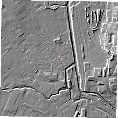 Shaded relief map of the ground around NN55DN, computed from Environment Agency LiDAR. The ground here sits at about 59 m above sea level and falls 18 m across the surrounding 800 m. Surface water reaching this point runs off ground lying to the south-south-east, 2.1 m higher.