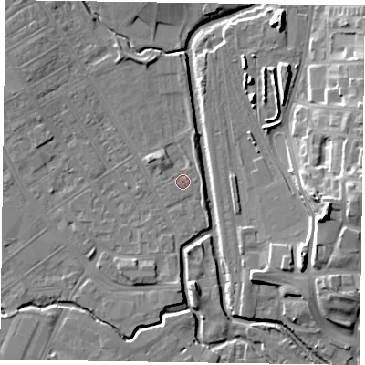 Shaded relief map of the ground around NN55DP, computed from Environment Agency LiDAR. The ground here sits at about 60 m above sea level and falls 18 m across the surrounding 800 m. The ground contributing surface water to this point lies to the south-west.