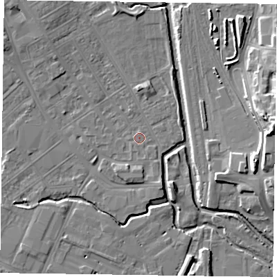 Shaded relief map of the ground around NN55DQ, computed from Environment Agency LiDAR. The ground here sits at about 60 m above sea level and falls 18 m across the surrounding 800 m. The ground contributing surface water to this point lies to the south-west.