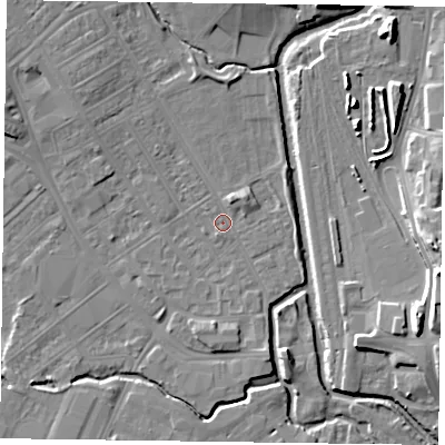 Shaded relief map of the ground around NN55DR, computed from Environment Agency LiDAR. The ground here sits at about 59 m above sea level and falls 16 m across the surrounding 800 m. Surface water reaching this point runs off ground lying to the north-west, 3.6 m higher.
