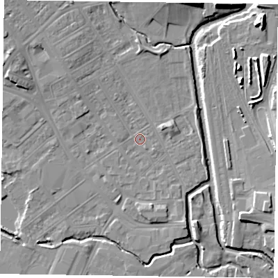 Shaded relief map of the ground around NN55DS, computed from Environment Agency LiDAR. The ground here sits at about 59 m above sea level and falls 11 m across the surrounding 800 m. Surface water reaching this point runs off ground lying to the north-west, 3.8 m higher.