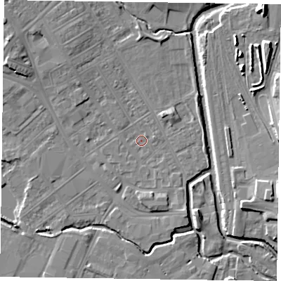 Shaded relief map of the ground around NN55DT, computed from Environment Agency LiDAR. The ground here sits at about 59 m above sea level and falls 10 m across the surrounding 800 m. Surface water reaching this point runs off ground lying to the north-west, 3.8 m higher.