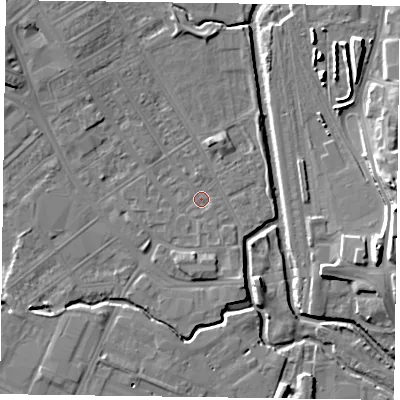 Shaded relief map of the ground around NN55DU, computed from Environment Agency LiDAR. The ground here sits at about 59 m above sea level and falls 16 m across the surrounding 800 m. Surface water reaching this point runs off ground lying to the north-west, 3.7 m higher.
