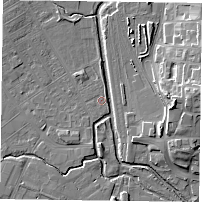 Shaded relief map of the ground around NN55DW, computed from Environment Agency LiDAR. The ground here sits at about 60 m above sea level and falls 18 m across the surrounding 800 m. Surface water reaching this point runs off ground lying to the north-north-west, 3.2 m higher.