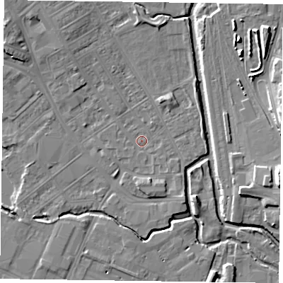 Shaded relief map of the ground around NN55DX, computed from Environment Agency LiDAR. The ground here sits at about 59 m above sea level and falls 13 m across the surrounding 800 m. Surface water reaching this point runs off ground lying to the north-west, 3.8 m higher.