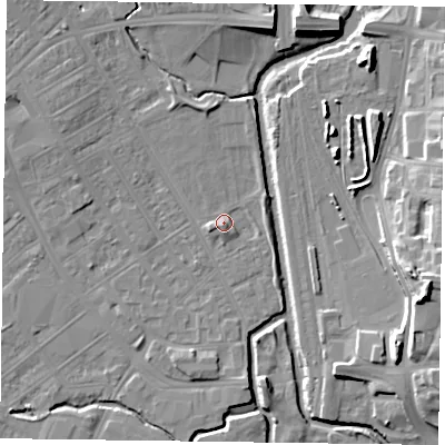 Shaded relief map of the ground around NN55DY, computed from Environment Agency LiDAR. The ground here sits at about 61 m above sea level and falls 18 m across the surrounding 800 m. Surface water reaching this point runs off ground lying to the south, 2.5 m higher.