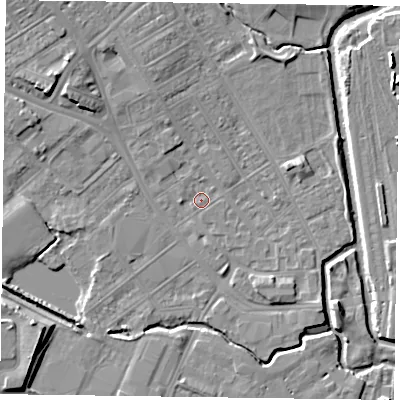 Shaded relief map of the ground around NN55DZ, computed from Environment Agency LiDAR. The ground here sits at about 59 m above sea level and falls 9 m across the surrounding 800 m. Surface water reaching this point runs off ground lying to the north-north-west, 3.8 m higher.