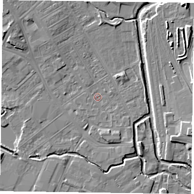 Shaded relief map of the ground around NN55EA, computed from Environment Agency LiDAR. The ground here sits at about 59 m above sea level and falls 10 m across the surrounding 800 m. Surface water reaching this point runs off ground lying to the north-west, 3.8 m higher.