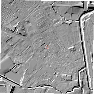 Shaded relief map of the ground around NN55EB, computed from Environment Agency LiDAR. The ground here sits at about 59 m above sea level and falls 11 m across the surrounding 800 m. Surface water reaching this point runs off ground lying to the north-north-west, 2.5 m higher.