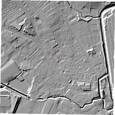 Shaded relief map of the ground around NN55ED, computed from Environment Agency LiDAR. The ground here sits at about 60 m above sea level and falls 9 m across the surrounding 800 m. Surface water reaching this point runs off ground lying to the north-north-west, 2.8 m higher.