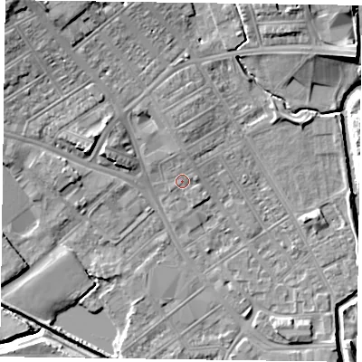 Shaded relief map of the ground around NN55EF, computed from Environment Agency LiDAR. The ground here sits at about 61 m above sea level and falls 12 m across the surrounding 800 m. Surface water reaching this point runs off ground lying to the north-north-east, 1.4 m higher.