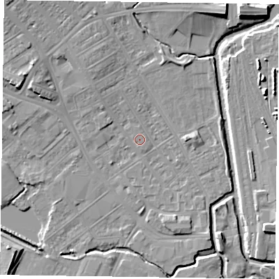 Shaded relief map of the ground around NN55EG, computed from Environment Agency LiDAR. The ground here sits at about 60 m above sea level and falls 11 m across the surrounding 800 m. Surface water reaching this point runs off ground lying to the north-west, 1.9 m higher.