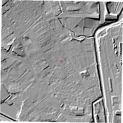 Shaded relief map of the ground around NN55EH, computed from Environment Agency LiDAR. The ground here sits at about 60 m above sea level and falls 11 m across the surrounding 800 m. Surface water reaching this point runs off ground lying to the north-north-west, 1.6 m higher.