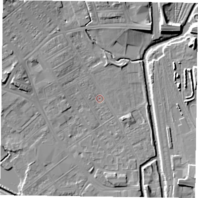 Shaded relief map of the ground around NN55EL, computed from Environment Agency LiDAR. The ground here sits at about 59 m above sea level and falls 11 m across the surrounding 800 m. Surface water reaching this point runs off ground lying to the west-north-west, 3.3 m higher.