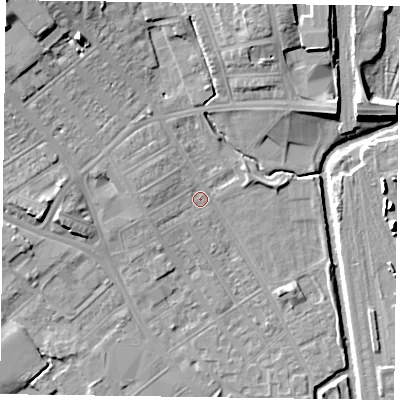 Shaded relief map of the ground around NN55EN, computed from Environment Agency LiDAR. The ground here sits at about 60 m above sea level and falls 13 m across the surrounding 800 m. Surface water reaching this point runs off ground lying to the west-south-west, 1.8 m higher.
