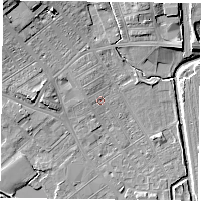 Shaded relief map of the ground around NN55EQ, computed from Environment Agency LiDAR. The ground here sits at about 61 m above sea level and falls 15 m across the surrounding 800 m. Surface water reaching this point runs off ground lying to the west, 1.5 m higher.