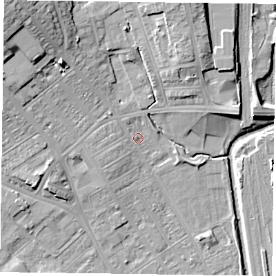 Shaded relief map of the ground around NN55EU, computed from Environment Agency LiDAR. The ground here sits at about 61 m above sea level and falls 17 m across the surrounding 800 m. Surface water reaching this point runs off ground lying to the north-west, 13.6 m higher.