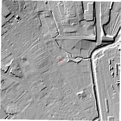 Shaded relief map of the ground around NN55EX, computed from Environment Agency LiDAR. The ground here sits at about 60 m above sea level and falls 14 m across the surrounding 800 m. Surface water reaching this point runs off ground lying to the north-west, 11.8 m higher.